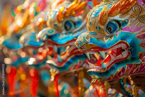 A row of vibrant dragon masks lined up on a wall, showcasing the cultural decorations of a festival like Chinese New Year or Mardi Gras
