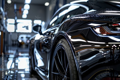 A black sports car is parked inside a garage, showcasing its sleek exterior and clean interior after detailing services like washing, waxing, and interior cleaning © Ilia Nesolenyi