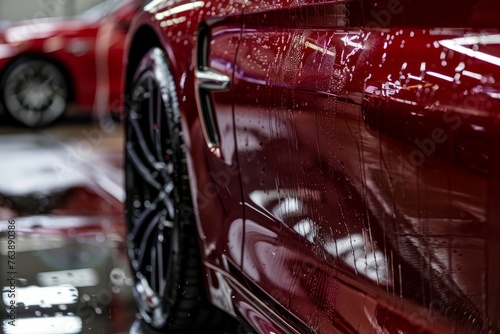 A detailed close-up of a shiny red car parked in a garage, showcasing its immaculate exterior and clean interior after detailing services © Ilia Nesolenyi