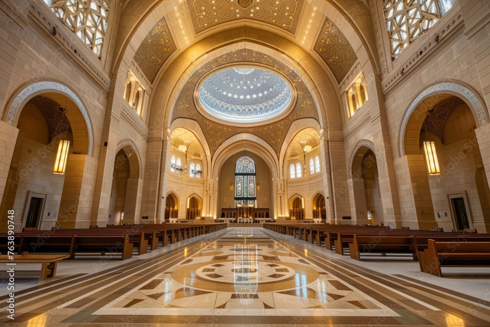 The inside of a large church with high ceilings, highlighting the grand architectural design and spaciousness