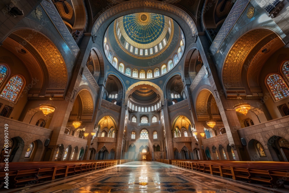 The image features the expansive interior of a large church with soaring high ceilings, revealing the architectural magnificence of the sacred space