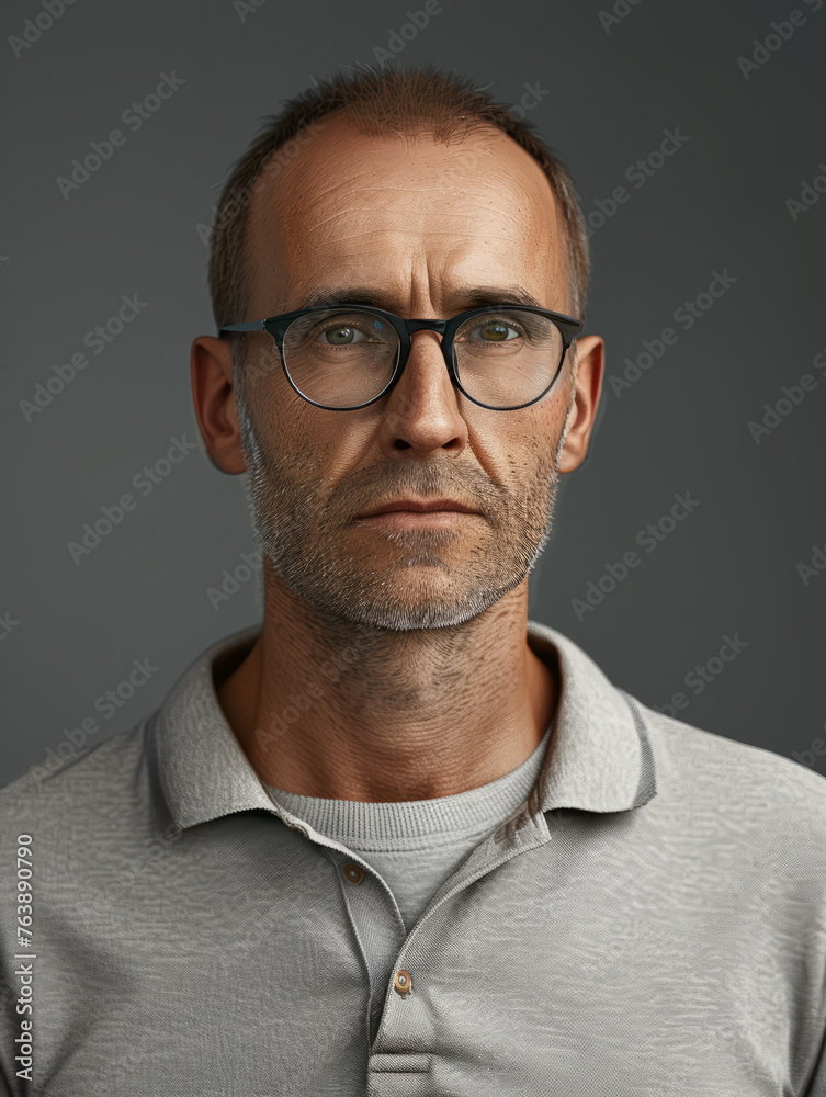 A middle-aged man displays an intense stare, sporting glasses and a grey polo shirt against a non-distracting background A middle-aged man displays an intense stare, sporting glasses and a grey polo shirt against a non-distracting background