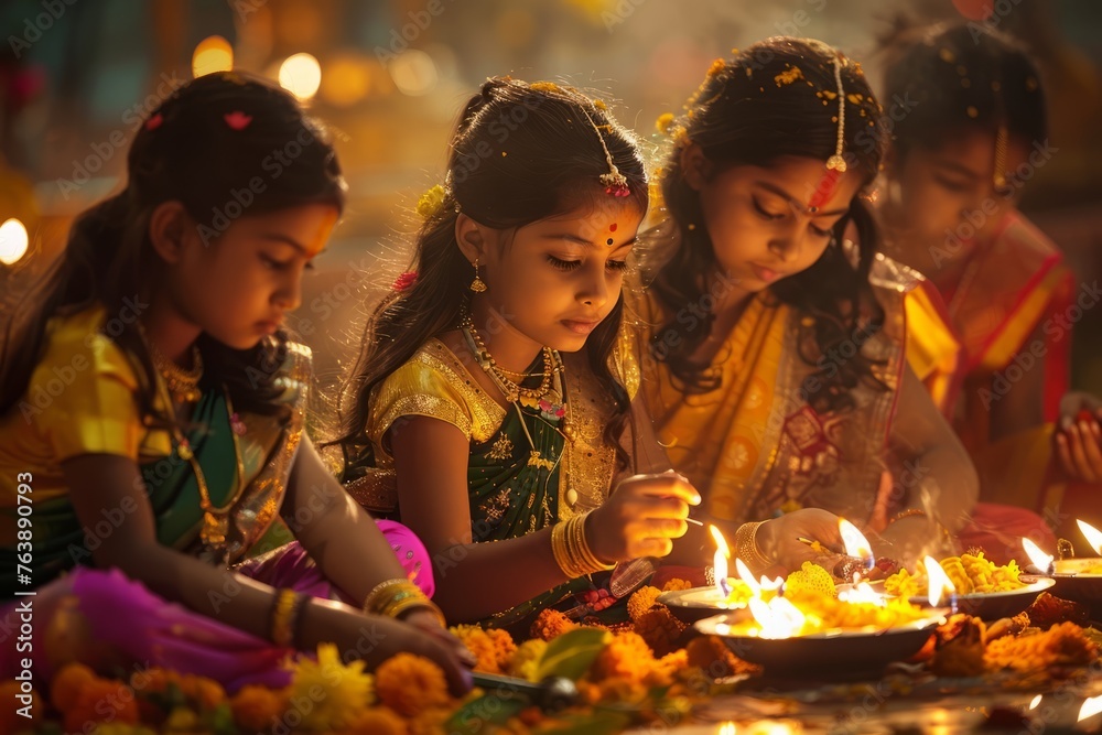 Group of girls sitting around a fire during a religious festival celebration - obrazy, fototapety, plakaty 