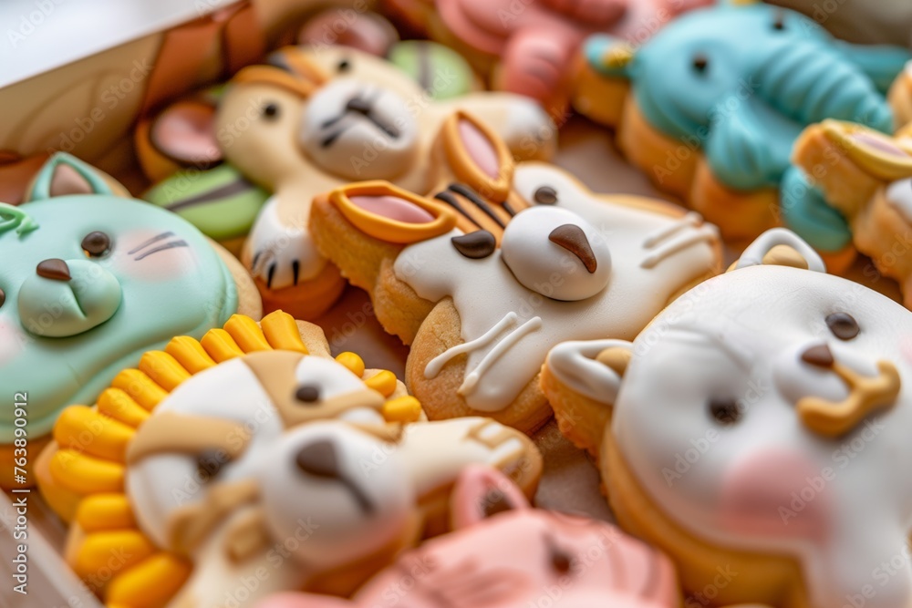 closeup of animalthemed cookies in a gift box