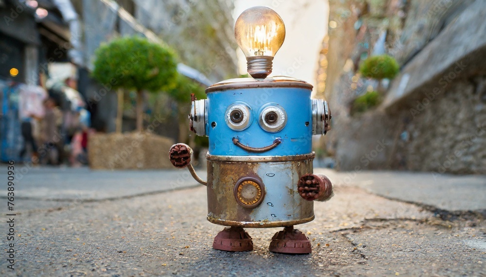Un petit robot rouillé en boite de conserve, ampoule et peinture bleue Un petit robot rouillé en boite de conserve, ampoule et peinture bleue