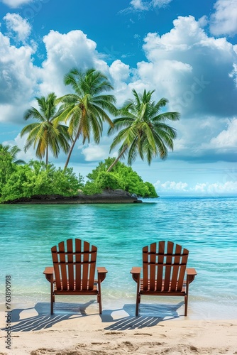 Chairs on a tropical beach with palm trees on a coral island. Relaxing under a palm tree on remote beach. Mockup. Blissful moments on the shore.