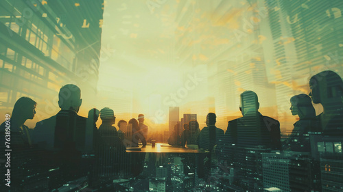 Double exposure image of business people conference group meeting with city office building in background photo