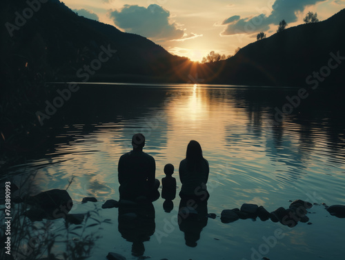 AI generated image of young family silhouette enjoying summer vacation during beautiful sunrise. Sundown serenity  Family silhouettes sit  embracing sunset s glow.