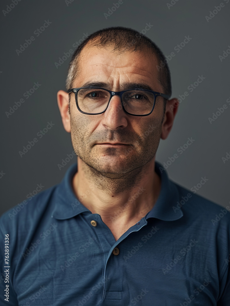 Close up of a confident older man with short hair and glasses wearing a blue polo shirt against a gray studio background