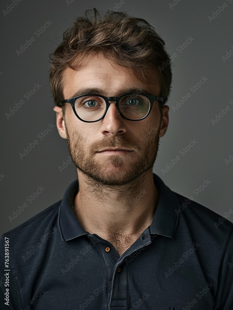 Striking portrait of a young bearded man with stylish glasses, exuding calm and intelligence Striking portrait of a young bearded man with stylish glasses, exuding calm and intelligence