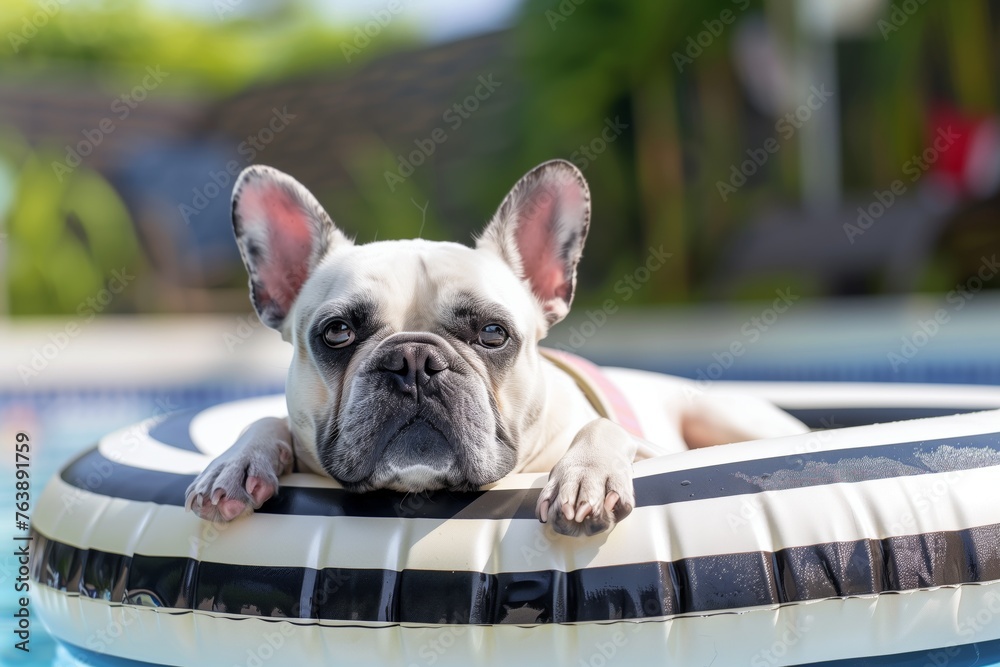 french bulldog in striped swim ring basking under the sun