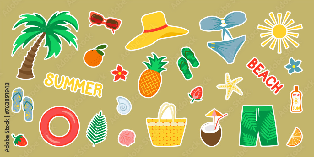 Vector illustration. A set of stickers on the theme of summer, sea, beach.