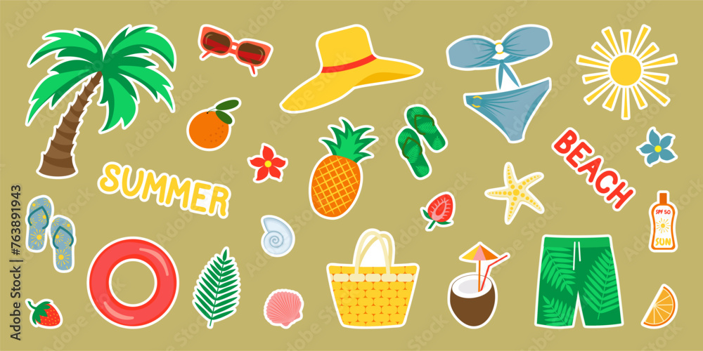 Vector illustration. A set of stickers on the theme of summer, sea, beach. Vector illustration. A set of stickers on the theme of summer, sea, beach.