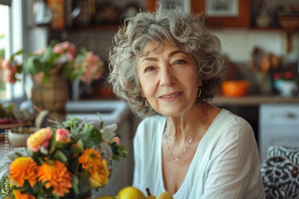 Radiant Senior Lady in a Sunlit Kitchen Embracing Life - Generative AI Radiant Senior Lady in a Sunlit Kitchen Embracing Life - Generative AI