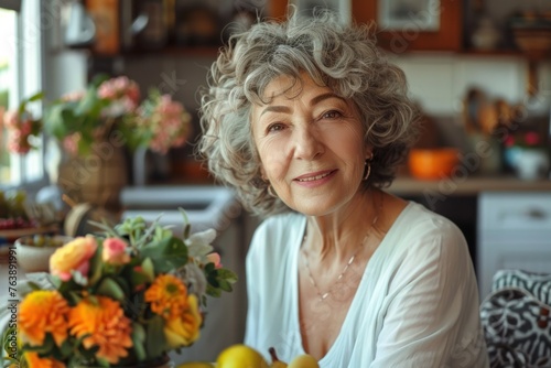 Radiant Senior Lady in a Sunlit Kitchen Embracing Life - Generative AI © Gelpi