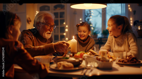 Family sharing food and smiles around the dinner table at Christmas event