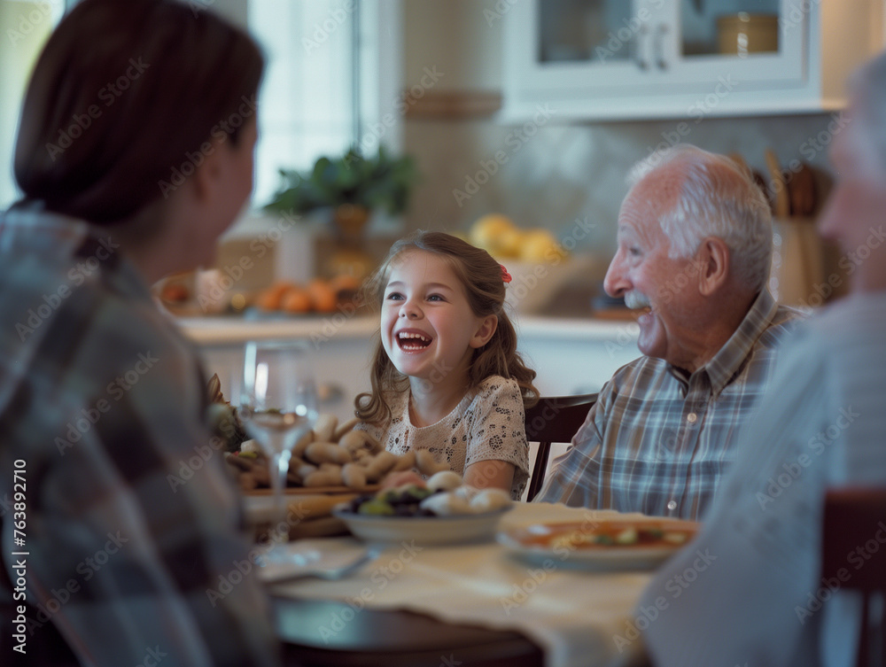 a little girl is laughing while sitting at a table with her family a little girl is laughing while sitting at a table with her family