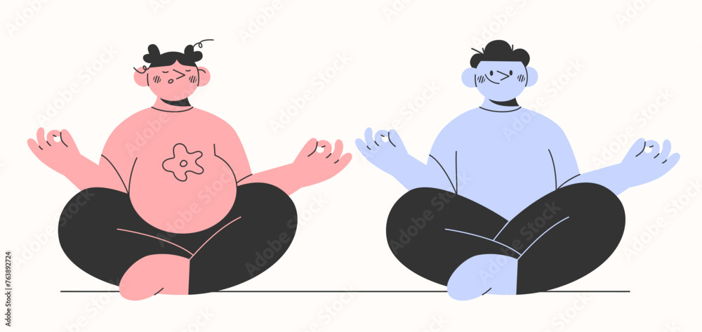 Young parents, family doing prenatal yoga.Concept pregnancy, family, motherhood, parenthood yoga. Hand drawn characters.Vector illustration EPS 10 Young parents, family doing prenatal yoga.Concept pregnancy, family, motherhood, parenthood yoga. Hand drawn characters.Vector illustration EPS 10