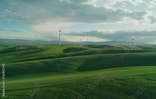 Wind turbines on a grassy slope under a cloudy sky