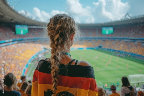 Footballs sport fans tribune arena. Girl fan stands in stadium, holding Germany flag. Concept of sport competitions, tournaments and sport games. Young football fan supporting her team at stadium.