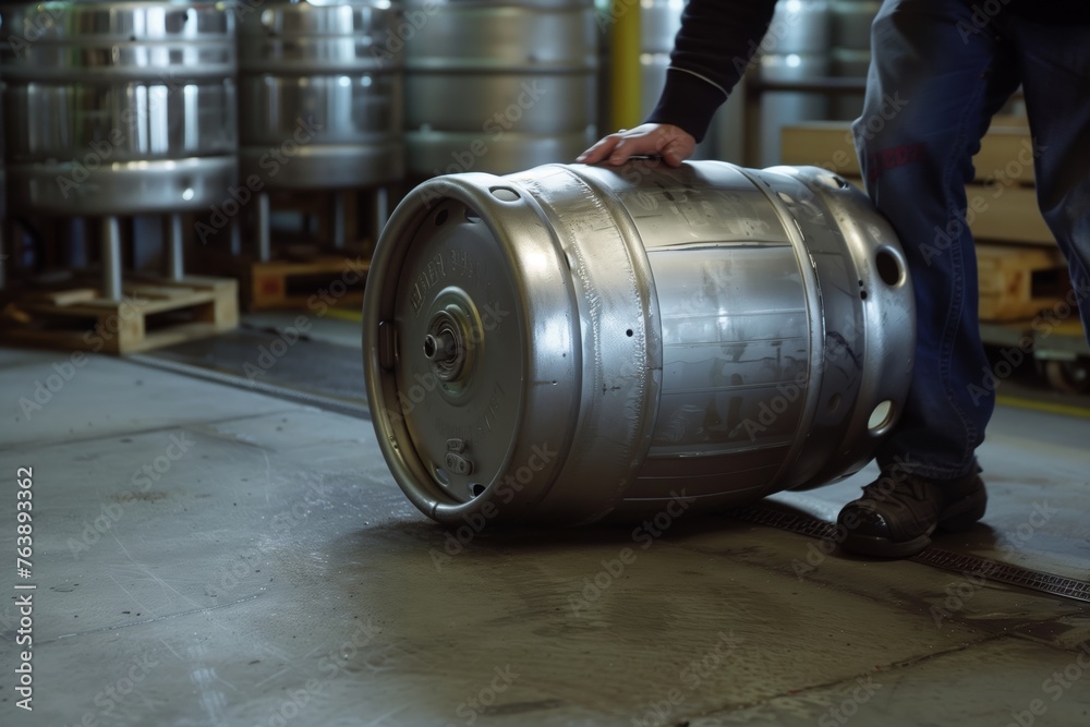 person rolling a steel beer keg at a brewery person rolling a steel beer keg at a brewery