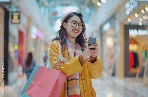 Happy woman with shopping bags using mobile phone while walking in mall
