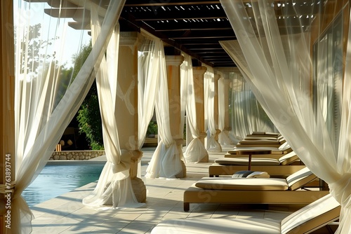 luxurious resort pergola with sheer drapes and daybeds