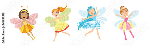 Cute Girl Fairy with Wings and in Pretty Dress Vector Set