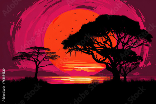 African safari adventure. Acacia tree silhouettes against enormous moonlit night sky.