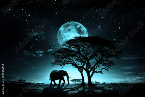 African elephant and acacia tree silhouettes against enormous moon in nighttime safari adventure