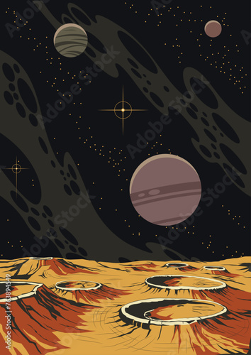 Alien Planet Panorama; Extraterrestrial Landscape, Craters, Stones, Planets, Stars, Outer Space Illustration 