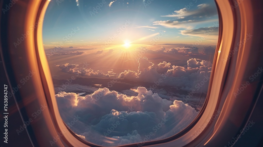 top view of beautiful sunset and sky from airplane window during flight with traveling perspective top view of beautiful sunset and sky from airplane window during flight with traveling perspective