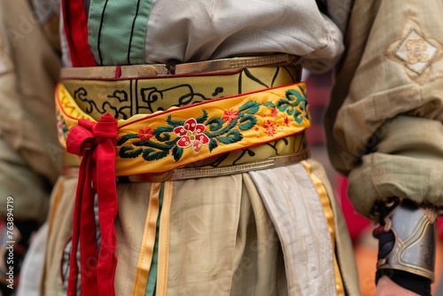 detailed costume shot of shaolin warriors embroidered silk belt