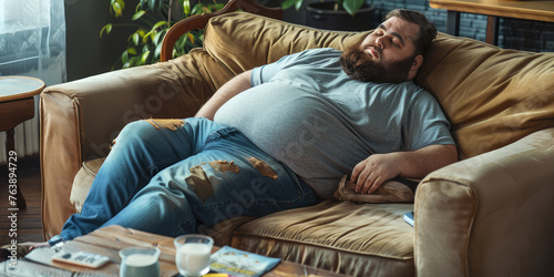 Fat lazy adult Man Relaxing on Couch at Home. An unshaven, overweight man with a big potbelly is lying on the couch, infantilized. photo