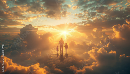 A father and children walk through the heavenly skies, souls fly to the next world.