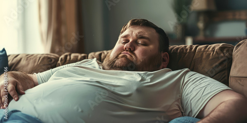 Fat lazy adult Man Relaxing on Couch at Home. An unshaven, overweight man with a big potbelly is lying on the couch, infantilized.