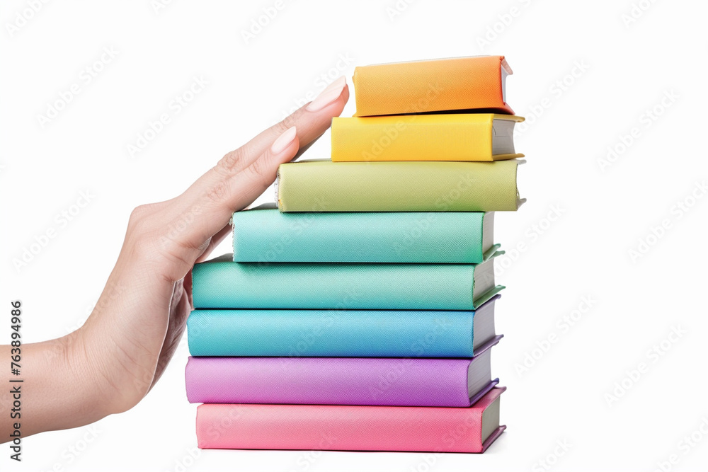 hand holding colorful books on white hand holding colorful books on white