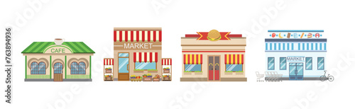 Shops Building Front and Exterior on City Street Vector Set