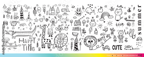 Fototapeta Naklejka Na Ścianę i Meble -  Vector illustration of Doodle cute for kid, Hand drawn set of cute doodles for decoration,Funny Doodle Hand Drawn, Summer, Doodle set of objects from a child's life,Cute animal