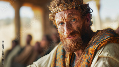 Portrait of a man in royal attire with a crown, reminiscent of biblical King David. photo