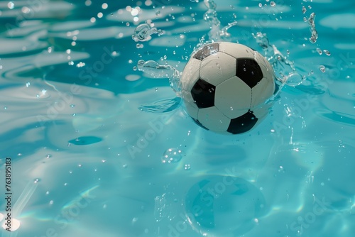 soccer ball sinking in a clear blue pool with bubbles around