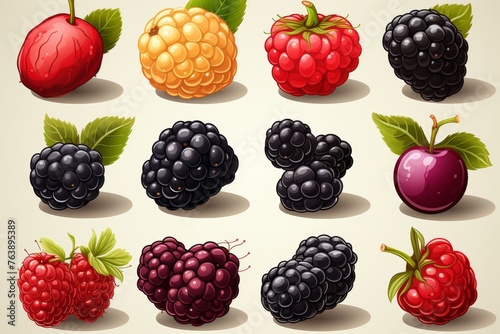Colorful summer berries icons set - blackberry  raspberry  apple on white background
