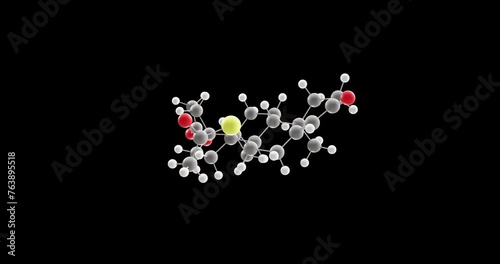 Spironolactone molecule, rotating 3D model of aldactone, looped video on a black background