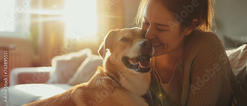 Female pet sitter, Caucasian, joyfully playing with a dog in a sunlit modern living room, photo