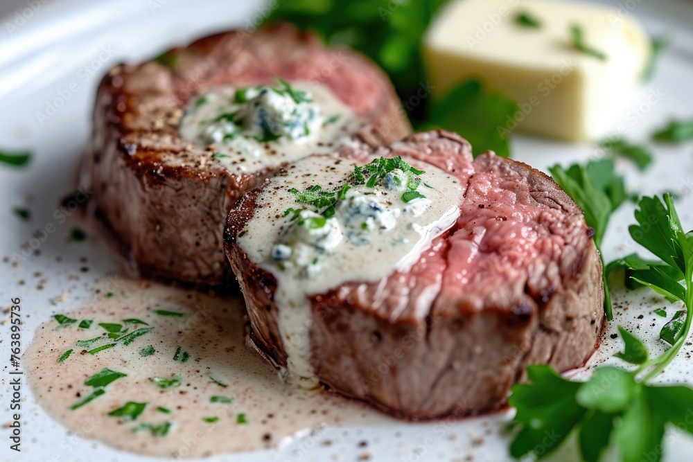 Roasted beef fillet with Gorgonzola sauce, beef fillets, ground nutmeg, flour, milk, diced Gorgonzola, chopped flat-leaf parsley, butter, served in plate Roasted beef fillet with Gorgonzola sauce, beef fillets, ground nutmeg, flour, milk, diced Gorgonzola, chopped flat-leaf parsley, butter, served in plate