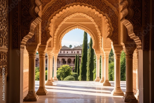 The ornate arches of the Alhambra in Granada, Spain.
