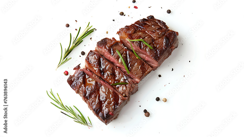 juicy steak, top view, completely white background. Generative Ai juicy steak, top view, completely white background. Generative Ai