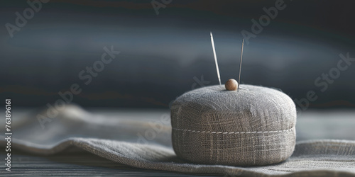 Vibrant Sewing Pincushion with Pins.  Close-up of a grey embroidered pincushion with pin on a simple background with copy space, banner template. photo