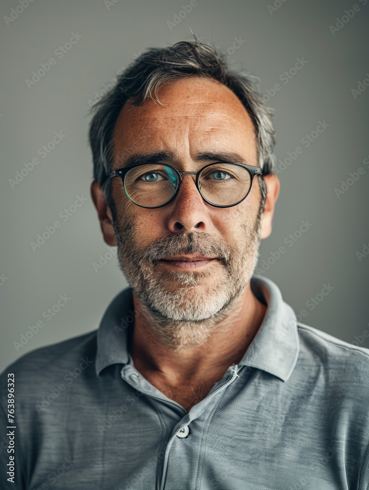 Middle-aged man with a thoughtful look and glasses, wearing a soft gray shirt in a studio portrait Middle-aged man with a thoughtful look and glasses, wearing a soft gray shirt in a studio portrait