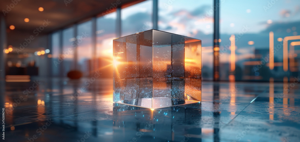 A glass cube with a reflection of a blurred city lights in it on a reflective surface with a blurry background. A glass cube with a reflection of a blurred city lights in it on a reflective surface with a blurry background.